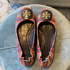 Blue, White and Orange striped Tory Burch flats..